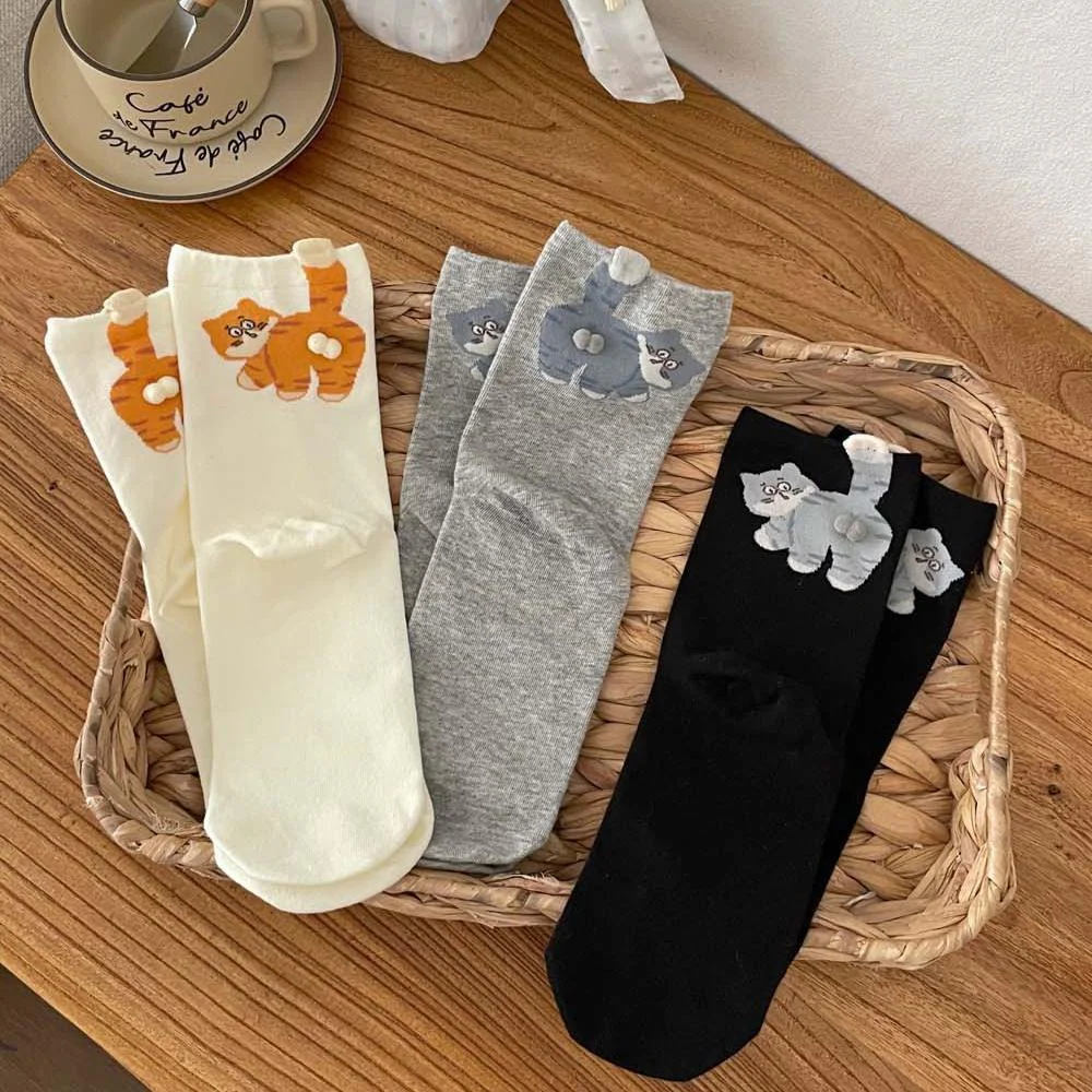3 Pairs Cute Cat Socks with Pom Poms Soft Cotton - Image 10