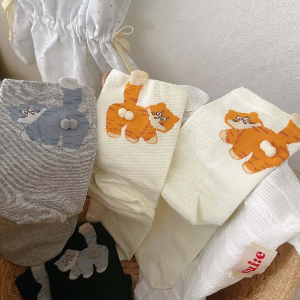3 Pairs Cute Cat Socks with Pom Poms Soft Cotton - Image 11