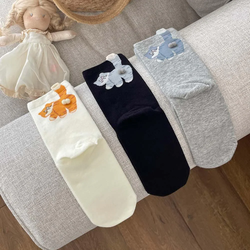 3 Pairs Cute Cat Socks with Pom Poms Soft Cotton - Image 12