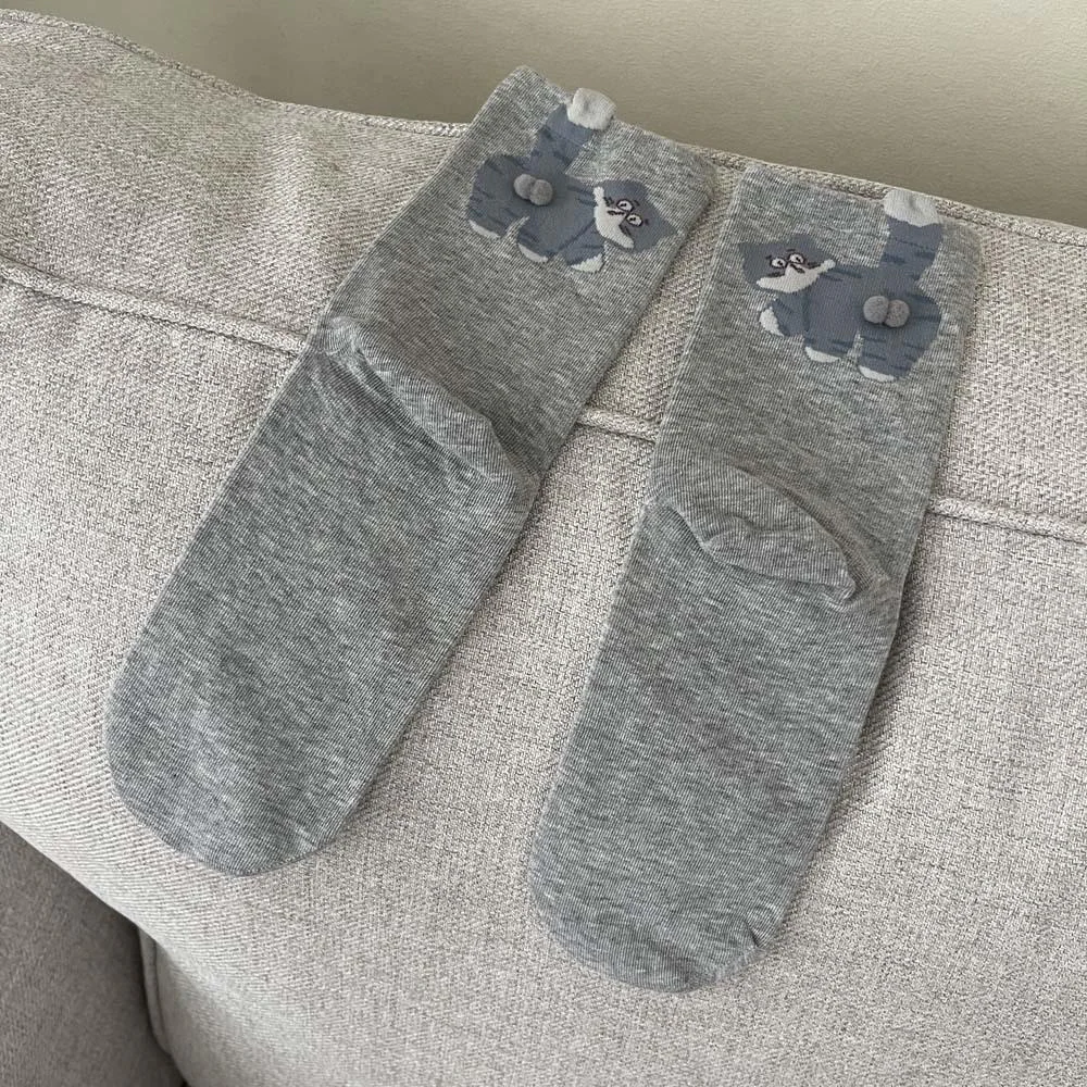 3 Pairs Cute Cat Socks with Pom Poms Soft Cotton - Image 15
