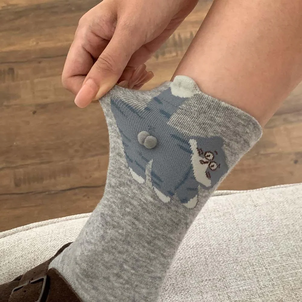 3 Pairs Cute Cat Socks with Pom Poms Soft Cotton - Image 5