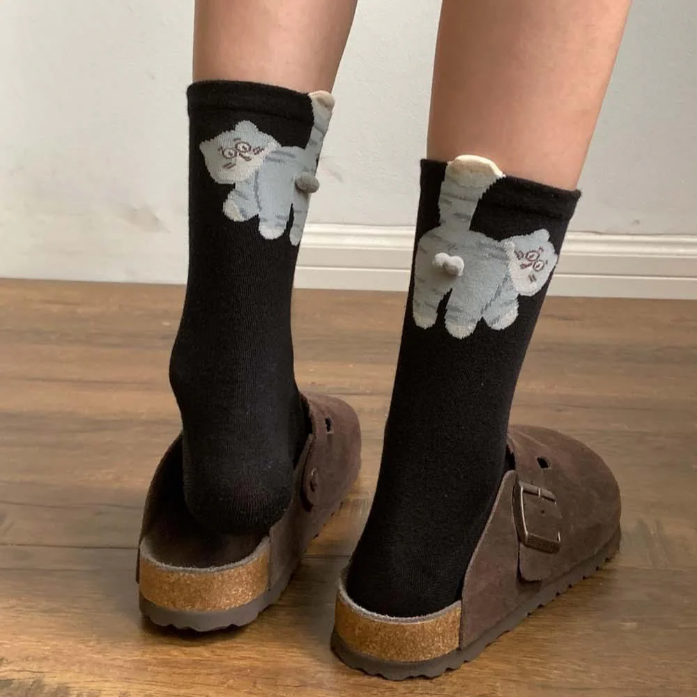 3 Pairs Cute Cat Socks with Pom Poms Soft Cotton - Image 6