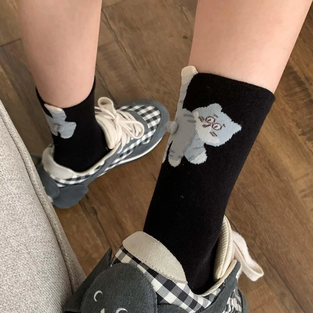 3 Pairs Cute Cat Socks with Pom Poms Soft Cotton - Image 7