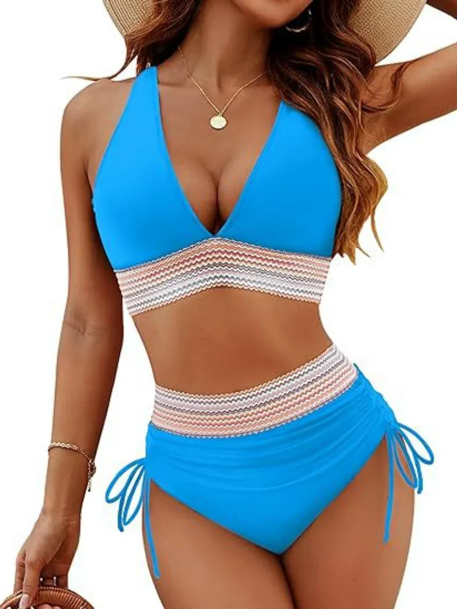 High Waisted Tummy Control Color Block Bikini Sets - Image 14