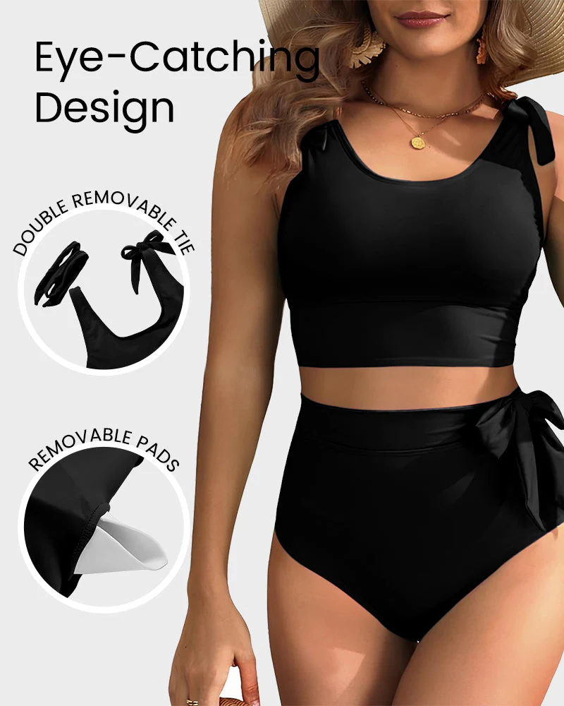 Double Tie Shoulder High Waist Tummy Control Bikini Set - Image 7