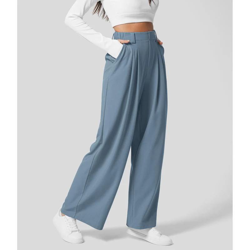 High Waisted Plicated Side Pocket Wide Leg Waffle Work Pants - Image 14