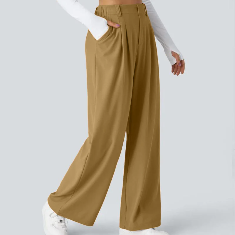 High Waisted Plicated Side Pocket Wide Leg Waffle Work Pants - Image 17