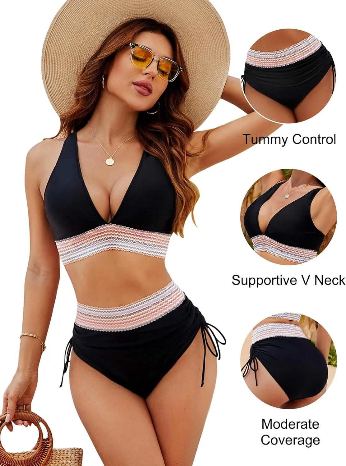 High Waisted Tummy Control Color Block Bikini Sets - Image 11