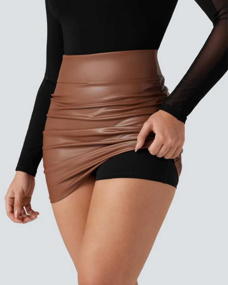 High Waisted Tummy Control Ruched Fleece Mini Skirt - Image 3