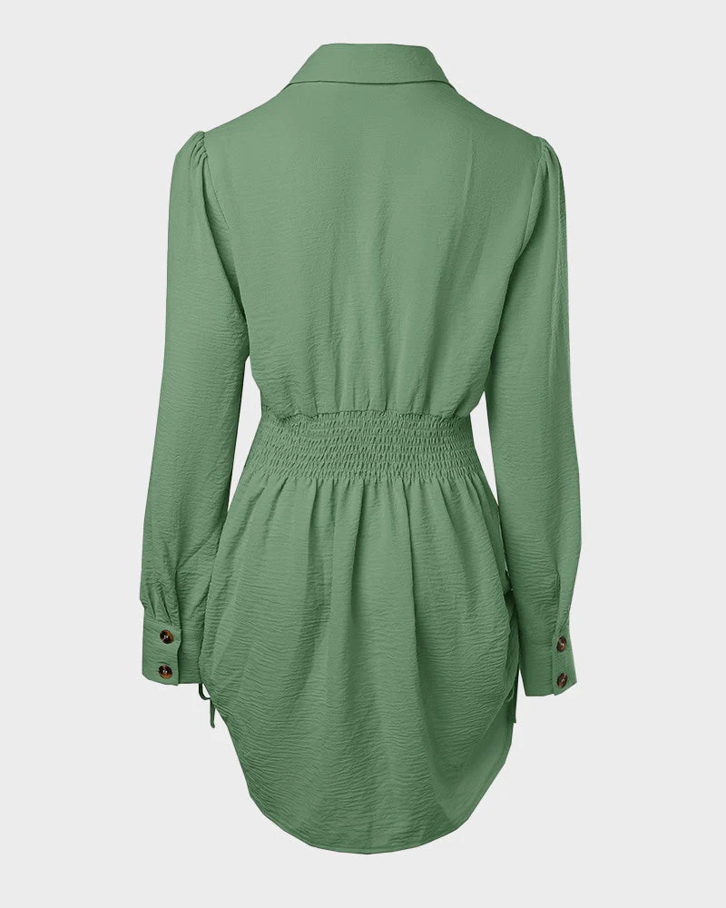 Long Sleeve Button Down Drawstring Shirt Dress - Image 20