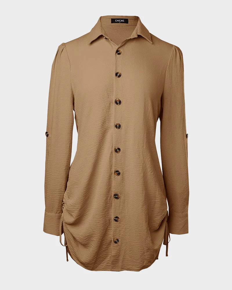 Long Sleeve Button Down Drawstring Shirt Dress - Image 27