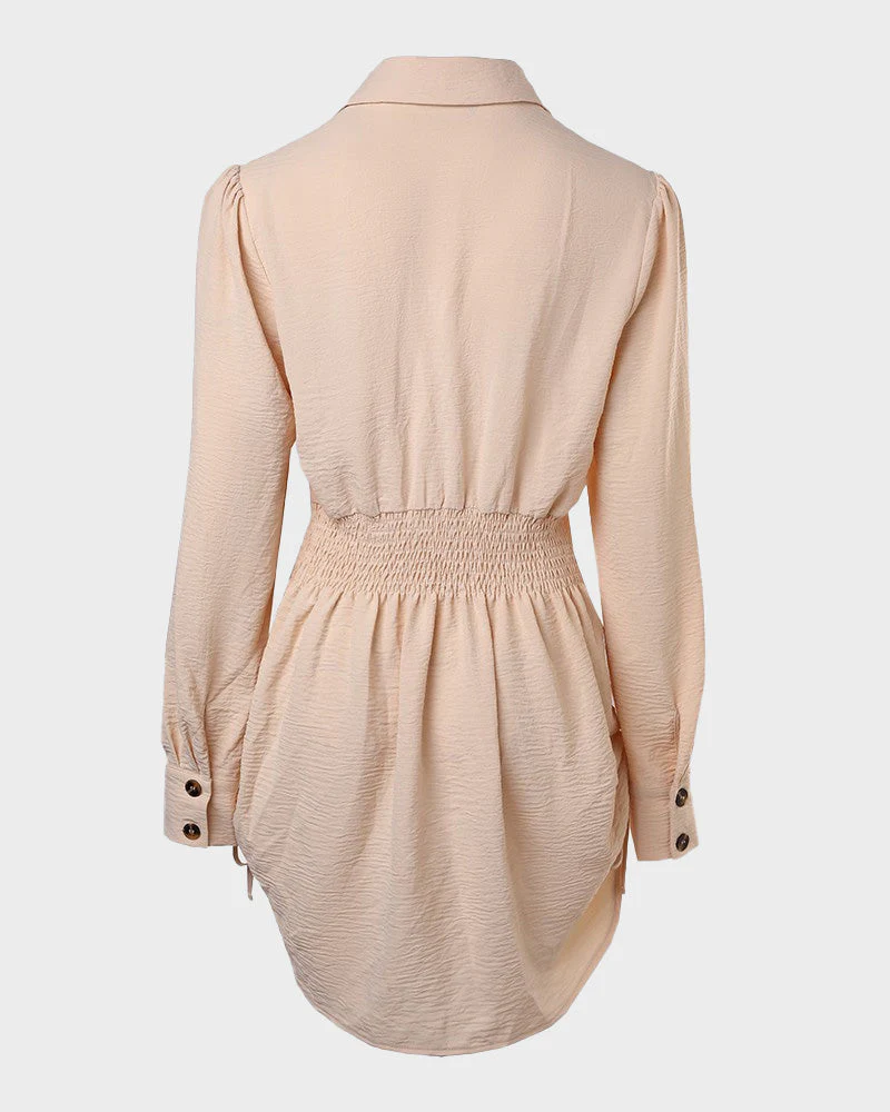 Long Sleeve Button Down Drawstring Shirt Dress - Image 36