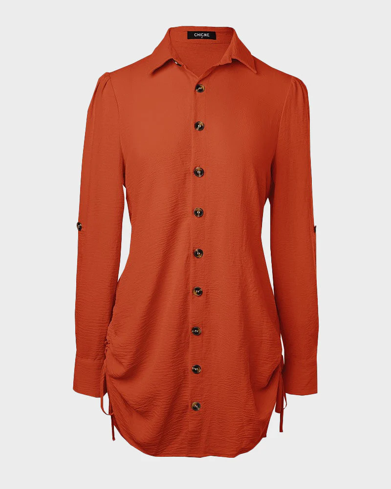 Long Sleeve Button Down Drawstring Shirt Dress - Image 44