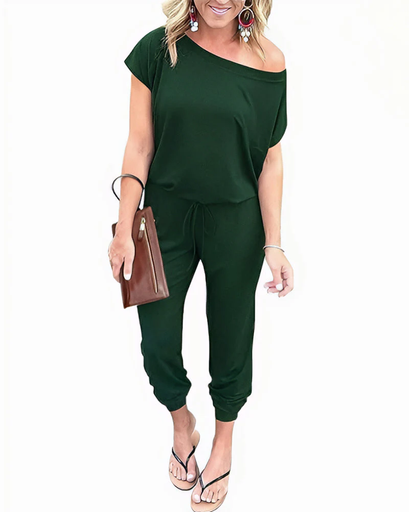 Off-Shoulder Short Sleeve Beam Foot Jumpsuit - Image 13