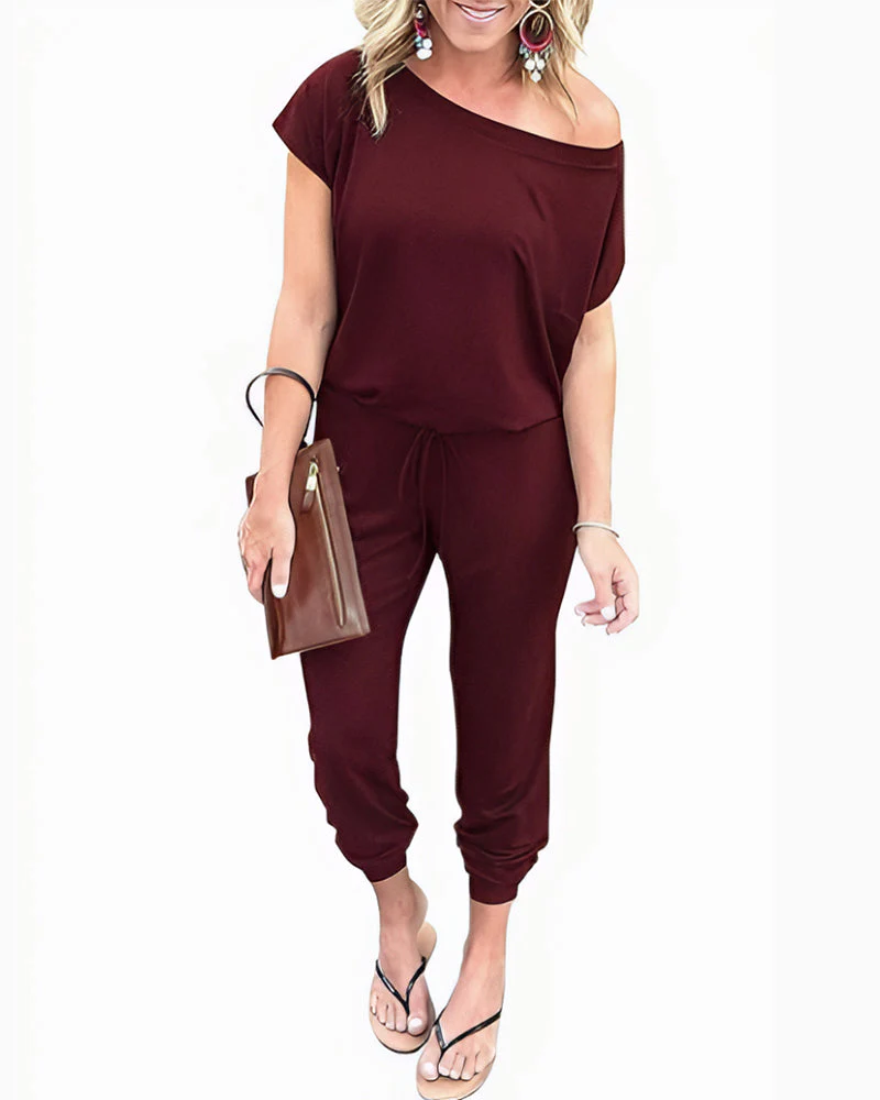 Off-Shoulder Short Sleeve Beam Foot Jumpsuit - Image 15