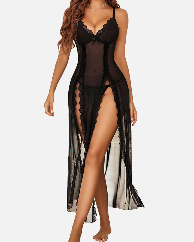 Sexy Mesh V Neck Side Split Nightdress - Image 6