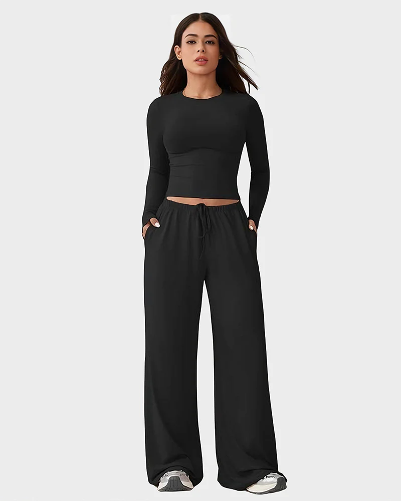 Wide-Leg Lounge Set for Women Stretchy Crop Top & Pants - Image 10