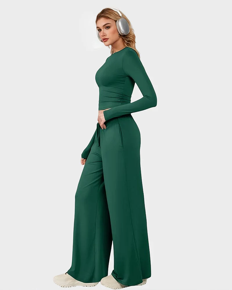 Wide-Leg Lounge Set for Women Stretchy Crop Top & Pants - Image 8