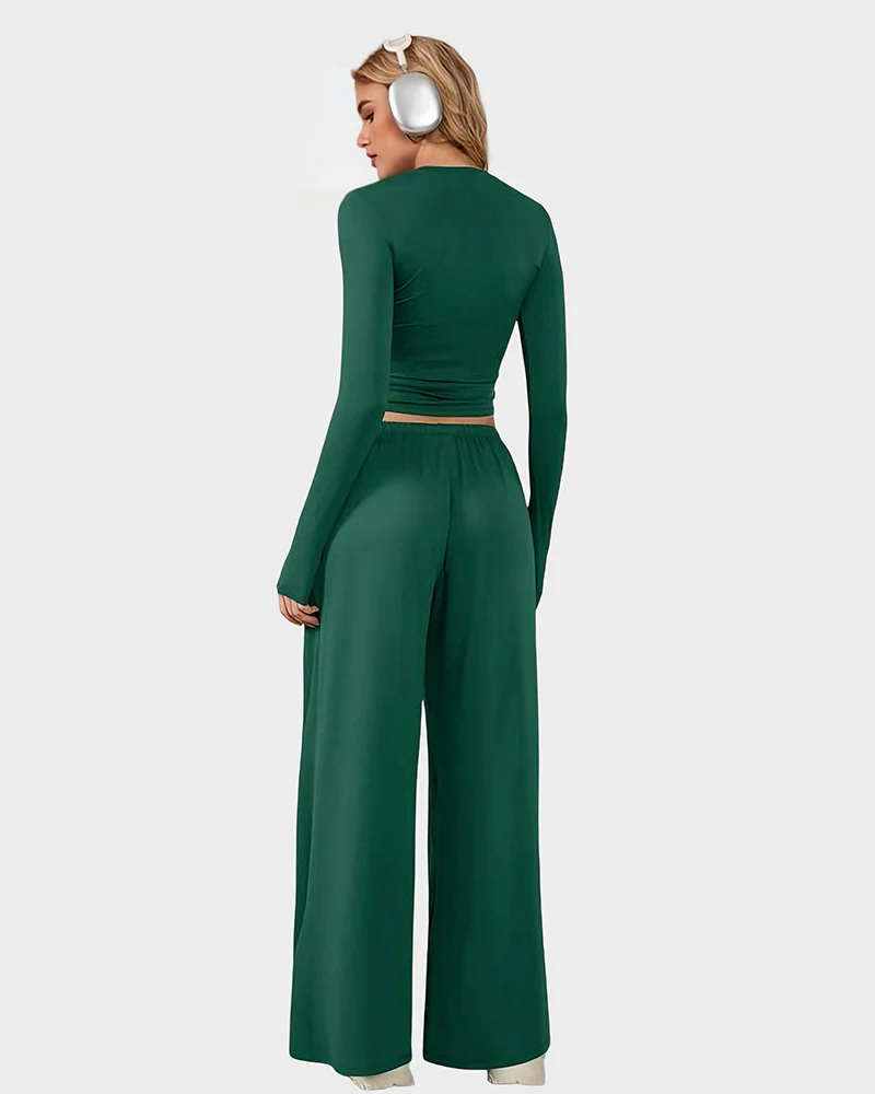 Wide-Leg Lounge Set for Women Stretchy Crop Top & Pants - Image 9