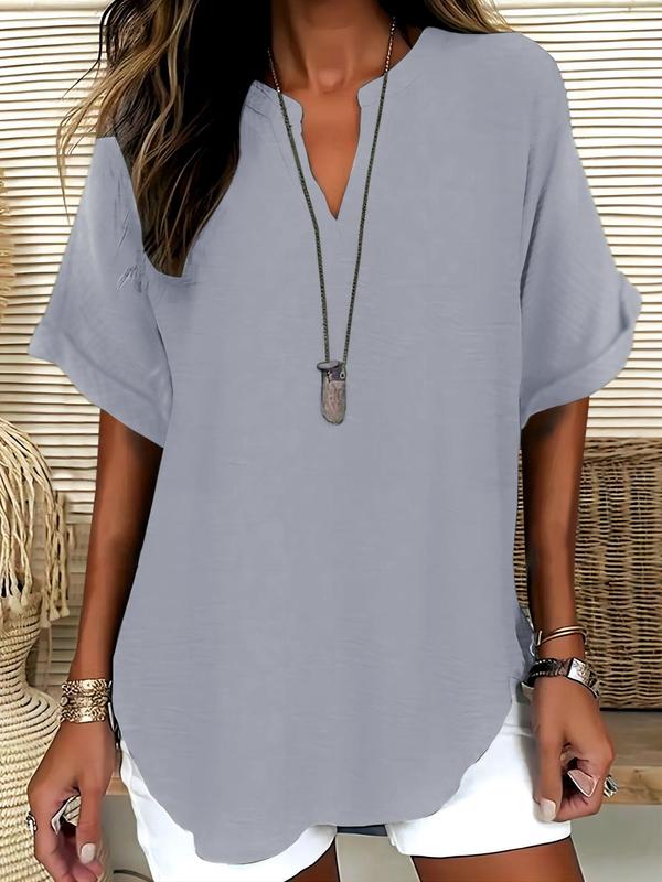 Women's Plain Shortsleeve Blouse, Casual Solid Color Top for Daily Wear, Ladies Clothes for All Seasons - Image 2