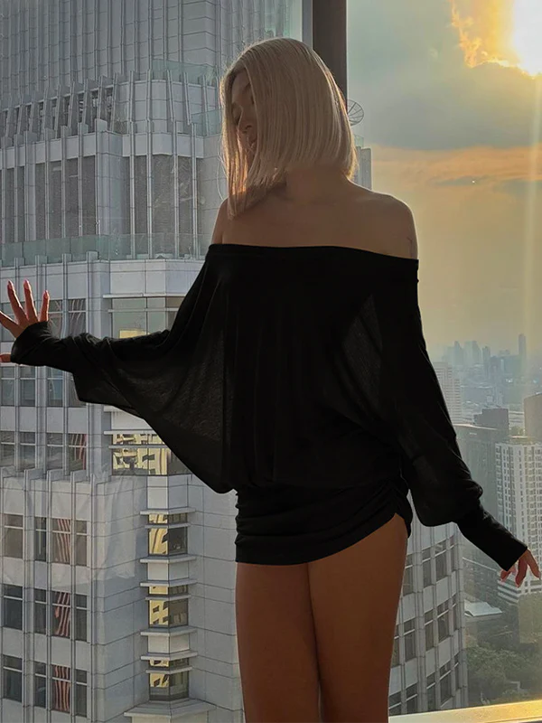 Women's Solid Off The Shoulder Sheer Ruched Dress - Image 7