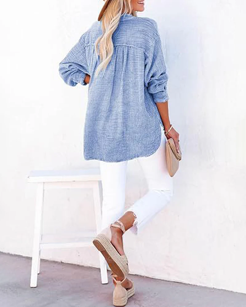 Womens Casual Button V Neck Long Sleeve Shirts Solid Blouses Tops - Image 2