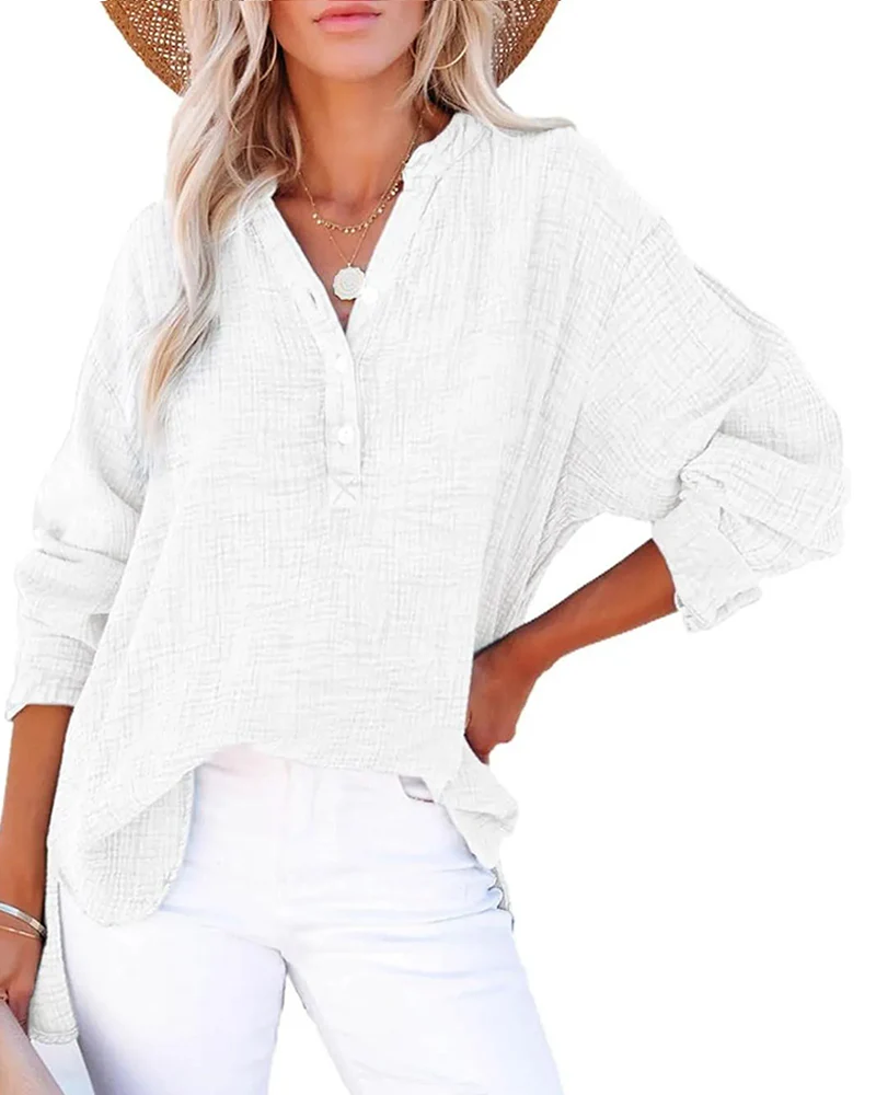 Womens Casual Button V Neck Long Sleeve Shirts Solid Blouses Tops - Image 7