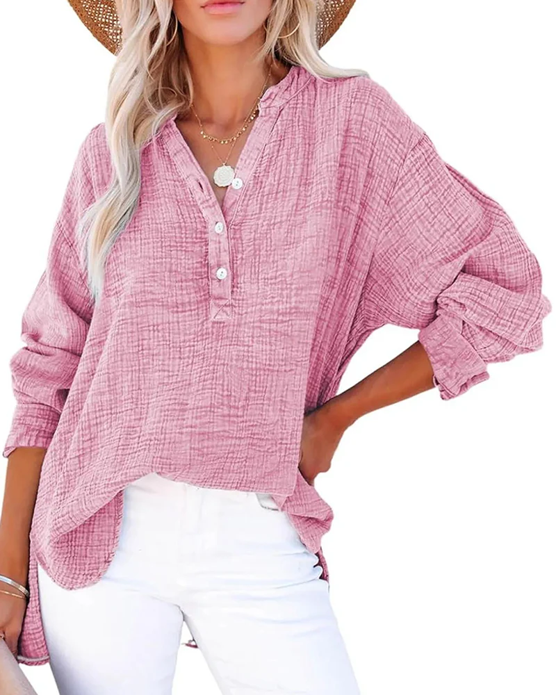 Womens Casual Button V Neck Long Sleeve Shirts Solid Blouses Tops - Image 9