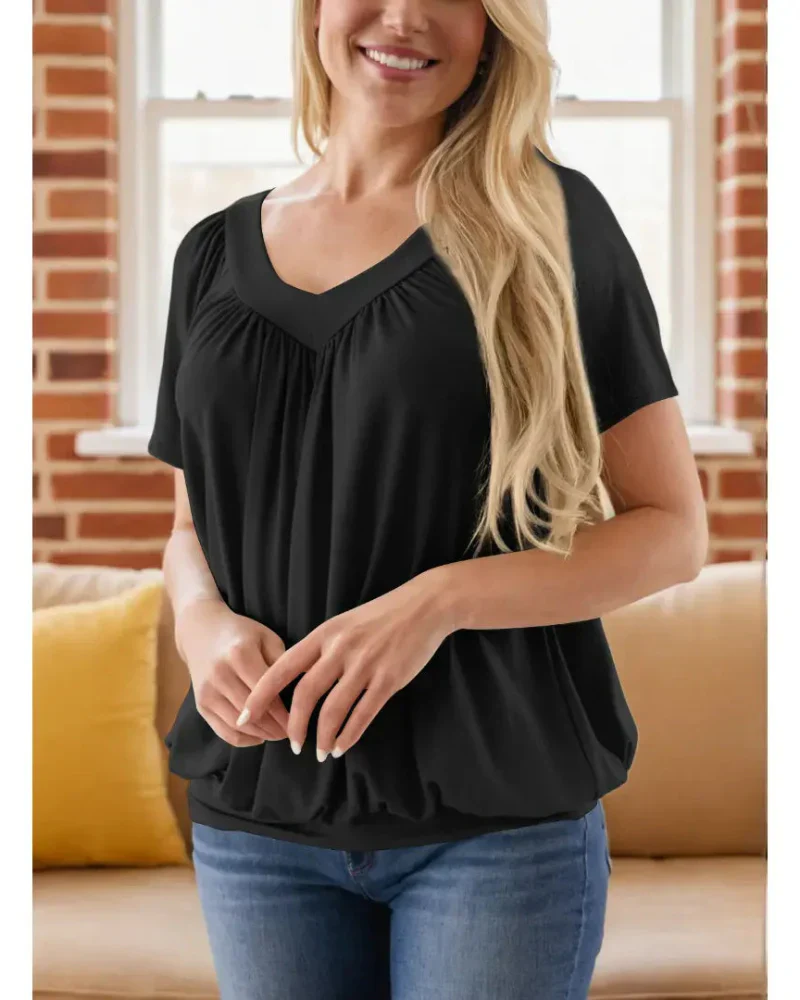 Women's Casual Summer V Neck Short Sleeve T Shirt Loose Fit Comfort Shirred Top - Image 2