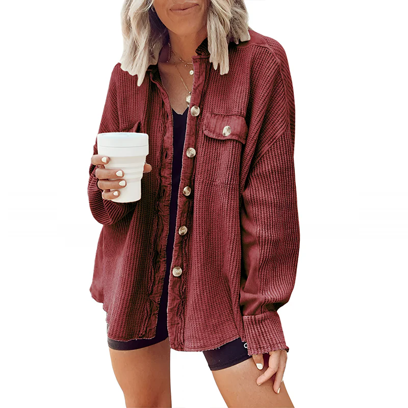 Women's Loose Fit Batwing Sleeve Waffle Knit Button Down Shirt Shacket Tops - Image 16