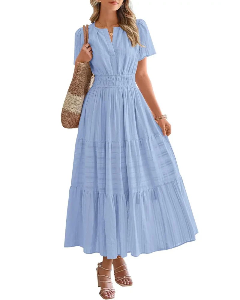 Womens Summer Lightweight Short Sleeve V Casual Midi Maxi Dresses - Image 22