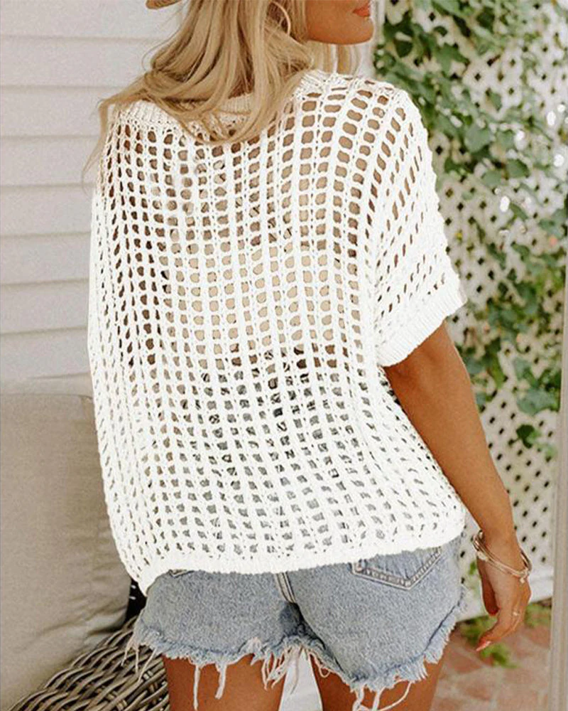 Women's Summer Short Sleeved Hollow Knitted Top Beach Wear - Image 3