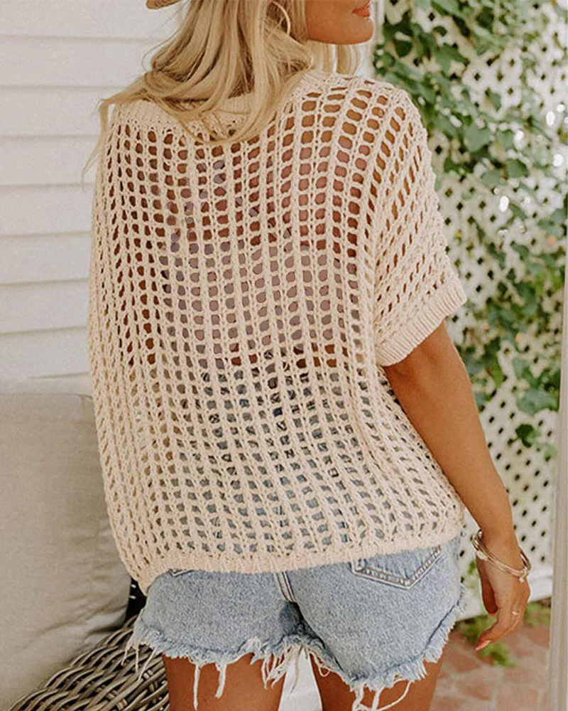 Women's Summer Short Sleeved Hollow Knitted Top Beach Wear - Image 7